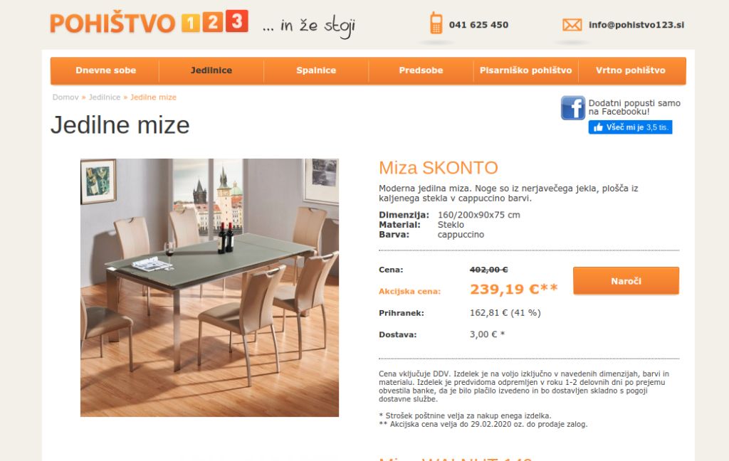 postavitev kategorije jedilne mize spletna trgovina